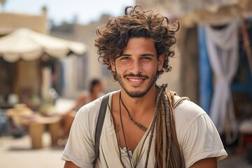 A man with curly hair is smiling and wearing a white shirt