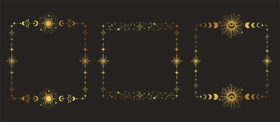 Collection of magic vector frames with moon, stars and constellations. Gold elegant ornament. Mystic frame for tarot, esoteric, astrology design.