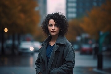 Fototapeta premium A woman in a gray coat stands on a wet street