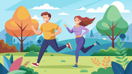 Man and woman run in park. Illustration of couple runners jogging togethe
