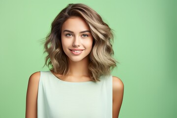 Obraz premium A woman with short blonde hair is smiling and wearing a green tank top