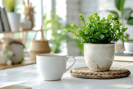 Serenity at Work: A Pristine Desk with Coffee and Greenery. Concept Workspace Organization, Productivity Tips, Indoor Plants, Office Decor, Coffee Breaks