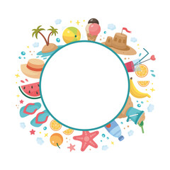 Hand drawn Summer round frame, copy space. Doodle Summer Beach holidays circular frame. Beach party illustration. Summer Set. Summertime elements. Cartoon vector illustration. Flat design.