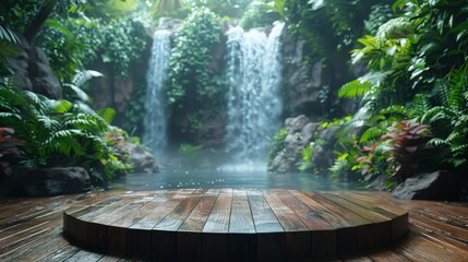 Wooden platform and natural green leaves. Elegant green platform mockup for product scene and green nature background. Tropical style 3D platform stage