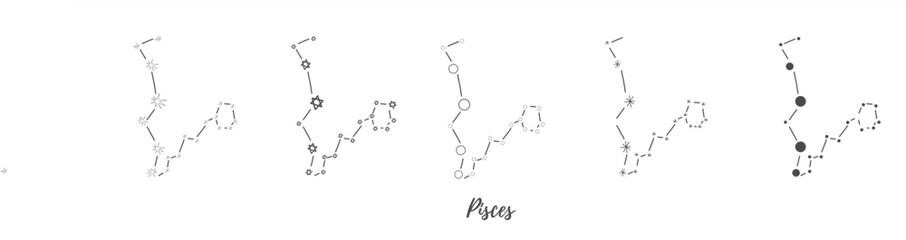 Set of vector doodle Pisces astrology sign. Isolated on a white background. Simple line icon of Pisces with different details.