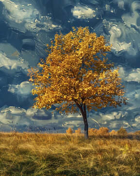 Abstract art painting of a tree in the meadow
