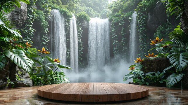 Wooden platform and natural green leaves. Elegant green platform mockup for product scene and green nature background. Tropical style 3D platform stage