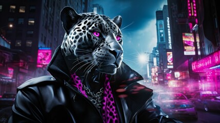 Fototapeta na wymiar Visualize a sleek panther in a tailored jumpsuit, accentuated by metallic studs and a leather belt. Against a backdrop of neon lights, it exudes urban edge and fierce style. The vibe: bold and modern