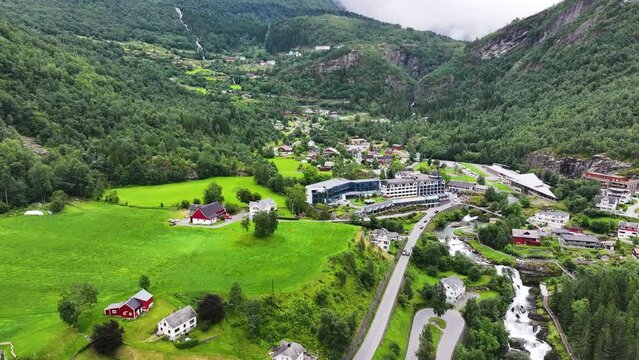 Picturesque Landscape of Norway, Aerial View, Geiranger Village and Green Hills