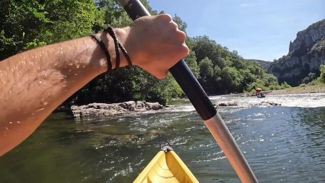 POV Canoeing On A River Through Nature Reserve and Water Rapids