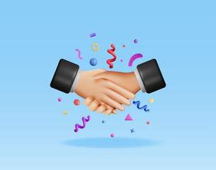 3D handshake gesture and confetti isolated. Render concept of shaking hands. Relations of partnership. Business people partners handshake. Successful transaction, agreement, deal. Vector illustration