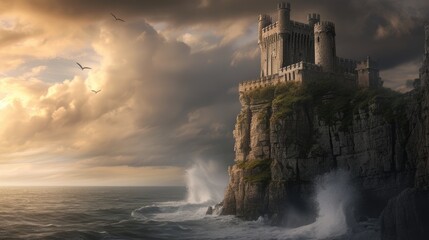 A historic medieval castle on a cliff, ocean waves crashing below, dramatic sky, knights and horses, period architecture. Resplendent. - obrazy, fototapety, plakaty