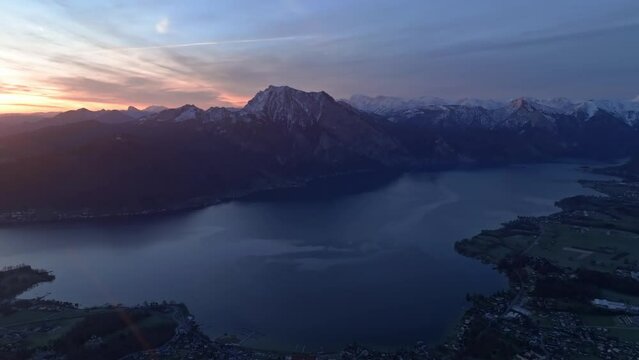 Gmunden Austria and Traunsee lake during sunrise aerial ffight