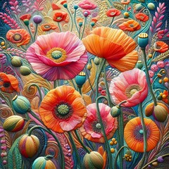 The Bohemian poppy garden, is free motion machine embroidered using layers of hand dyed silk.	