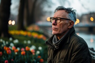 Portrait of an old man with gray hair and glasses on the background of tulips