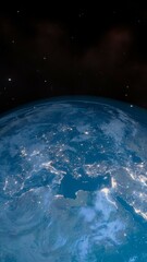 Vertical social media ready Earth cgi render close up with city lights from Italy to China, illustrating global urbanization. - obrazy, fototapety, plakaty