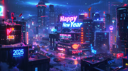 "Happy New Year 2025" 3D typography, vector, futuristic cityscape