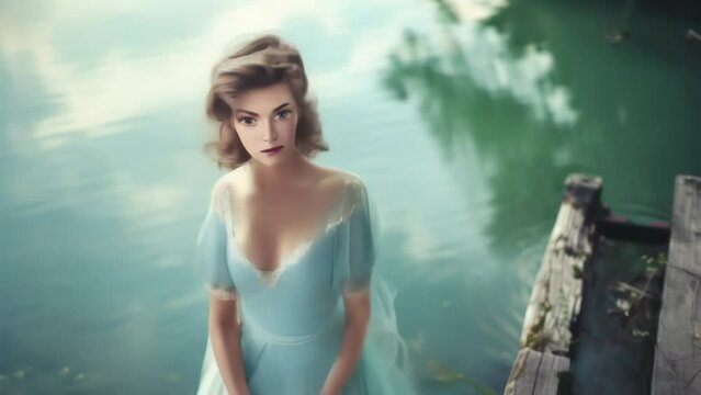 By a tranquil lake, a woman in a light blue dress wears a crown made of small white flowers, seemingly feeling the coming of spring. 