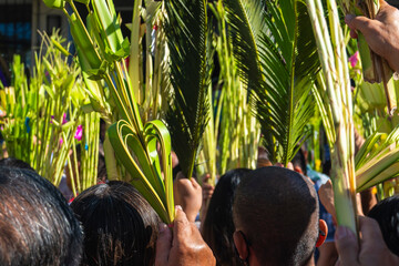 People congregate outside the church with palm fronds to celebrate Palm Sunday.