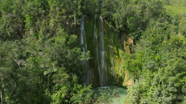 Aerial shot on amazing jungle waterfall in Dominican Republic Part 03