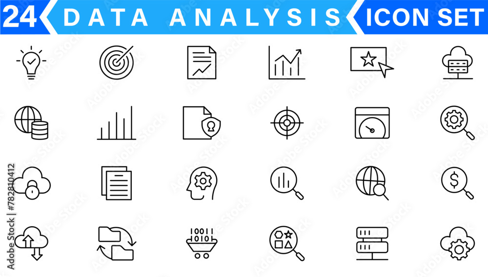Poster data analysis related vector line icons. contains such icons as big data, processing, performance an
