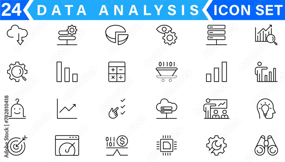Poster data analysis related vector line icons. contains such icons as big data, processing, performance an