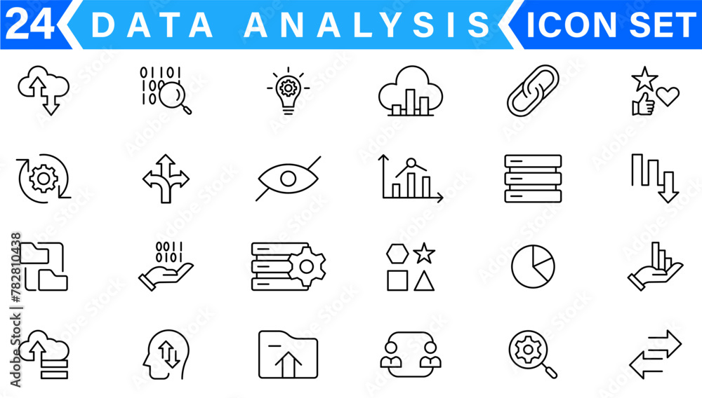 Poster data analysis related vector line icons. contains such icons as big data, processing, performance an
