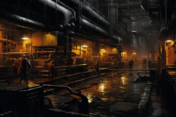 A dystopian factory with workers in hazardous conditions