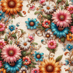 Spring flowers elegant beautiful floral seamless pattern of fabric hand-painted flowers baroque colorful decoration wallpaper background