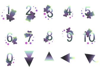0から10の数字と蝶尾のデメキン、矢印のイラストアイコンセット
