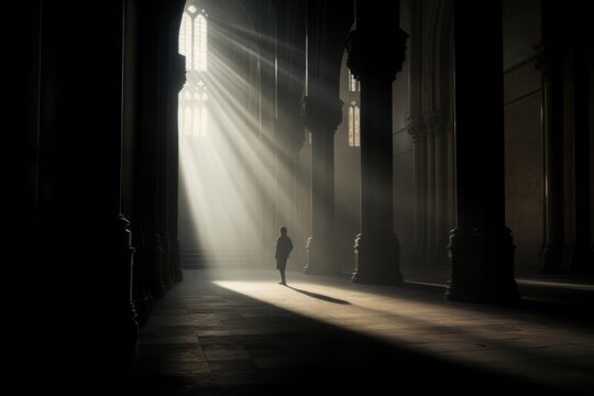 A photograph capturing the ethereal beauty of light and shadow in a cathedral