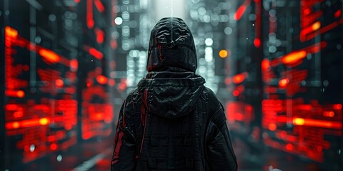 Mysterious Hooded Hacker Navigating the Matrix with Holographic Technology