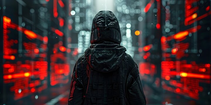 Mysterious Hooded Hacker Navigating the Matrix with Holographic Technology