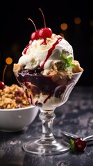 A large glass of ice cream with cherries on top