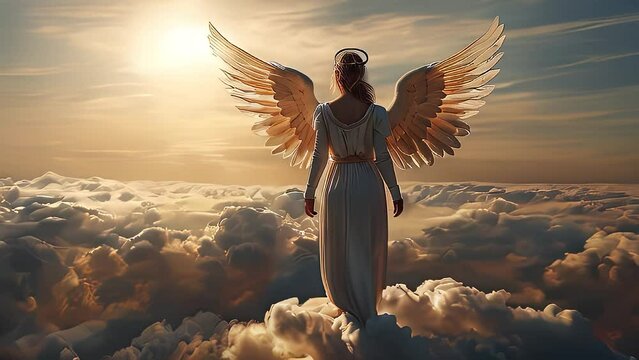 View of an angel from behind watching heaven clouds