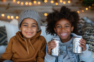 Two Black American kids happily enjoy soda cans, sharing a good moment together, savoring the...