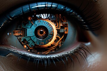 Mesmerizing close up of an eye with a captivating clock reflection
