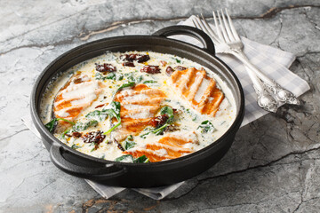 Tuscan salmon dish of grilled salmon fillet with cream sauce, garlic, sun-dried tomatoes and spinach closeup in the pan on the table. Horizontal