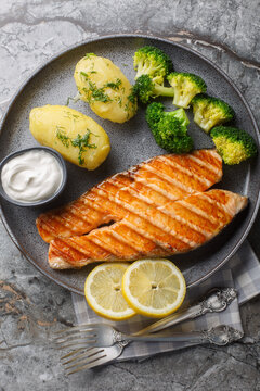 Grilled salmon steak with new potatoes, broccoli and cream sauce close-up in a plate on the table. Vertical top view from above