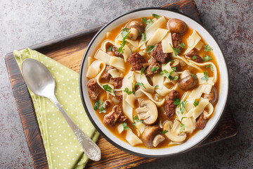 Stroganoff Soup is made with beef steak, mushrooms and noodles in a fragrant creamy broth closeup...