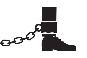 Black silhouettes of men leg with shackles and chain isolated on white background. Chained male foot.