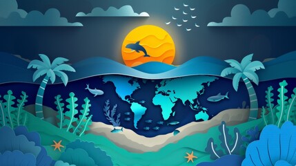 Fototapeta na wymiar World oceans day illustration in paper style 