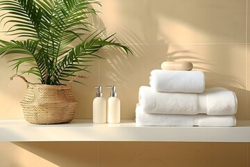 Obraz na płótnie Canvas Serenity in Beige: Sunlit Bathroom with Plant and Towels. Concept Bathroom Decor, Neutral Tones, Natural Light, Home Plants, Organic Textures