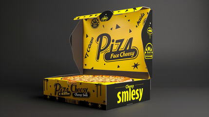 A cardboard box of pizza with a yellow and black color scheme and the brand name "Pizza Face" in a black font. The box has an image of a pizza slice and the words "Cheesy Smile" in a yellow font.