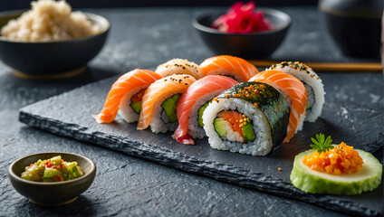 Delicious gourmet sushi rolls on a black plate and clean  dark background