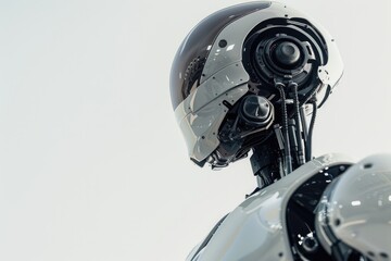 A close up of a robot's head and shoulders. The robot is made of metal and has a glass dome over its head.
