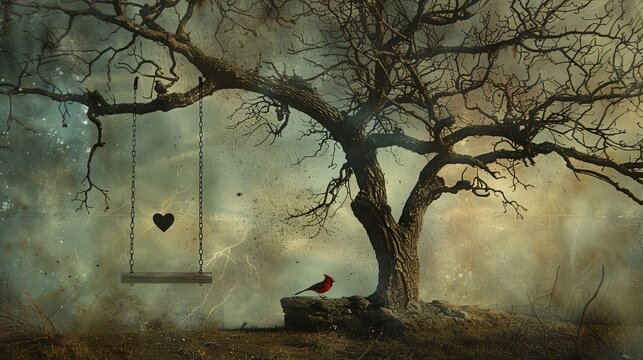 Rock album artistic image of a tree with no leaves, a swing hanging from branches, a cardinal sitting on swing, a small heart carved into the wood of the trunk, no face on the tree