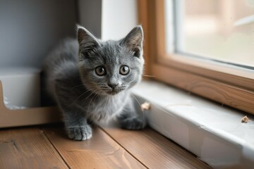 Cute grey kitten sitting on the windowsill and looking out the window