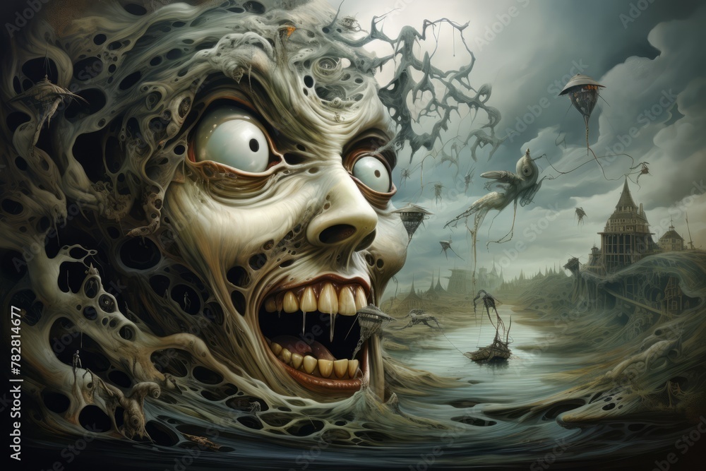 Poster surreal artwork with distorted features and surreal elements