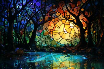 Colorful stained glass window in the dark forest with tree and reflection